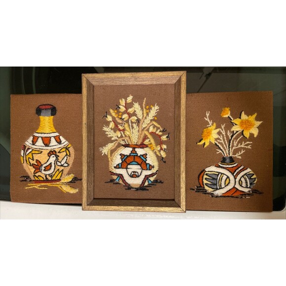 Vintage 1970s Framed Crewel Embroidery Native American Southwest Pottery Vases 3 - Picture 1 of 8